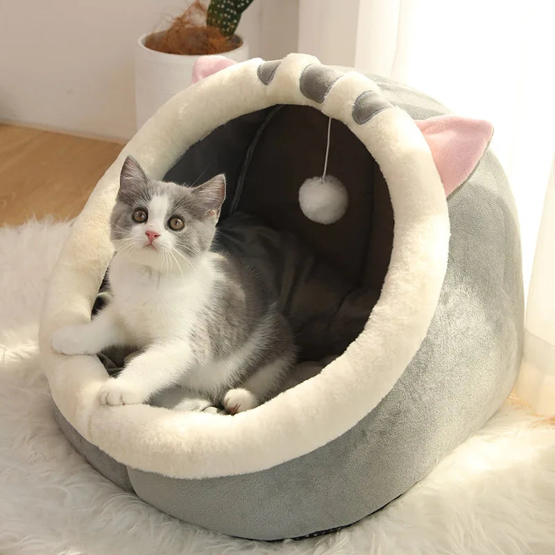 foldable washable cat bed with cute cat-ear design, cozy semi-closed sleeping cave for small cats and dogs
