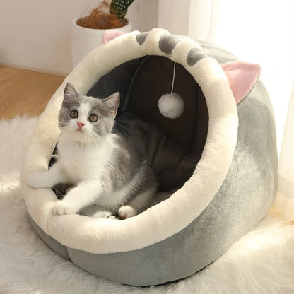 foldable washable cat bed with cute cat-ear design, cozy semi-closed sleeping cave for small cats and dogs