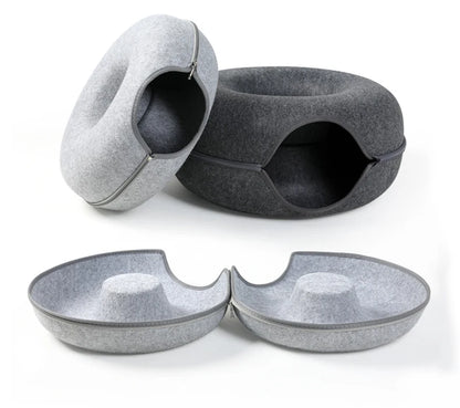 round cat tunnel bed for cats, cozy felt donut nest, sleeping cushion, hideaway cat house, interactive pet toy