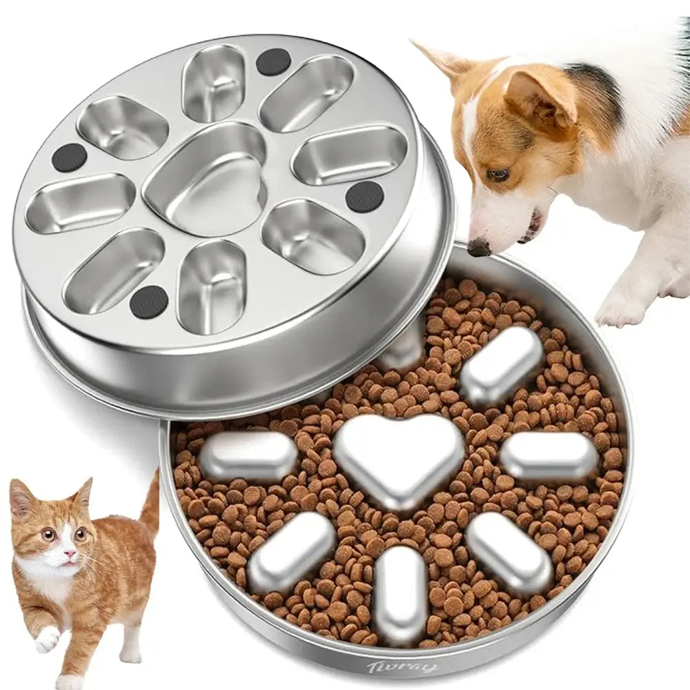 stainless steel slow feeder dog bowl with anti-choking design, double-sided use, and anti-overturning pet feeding for dogs and cats