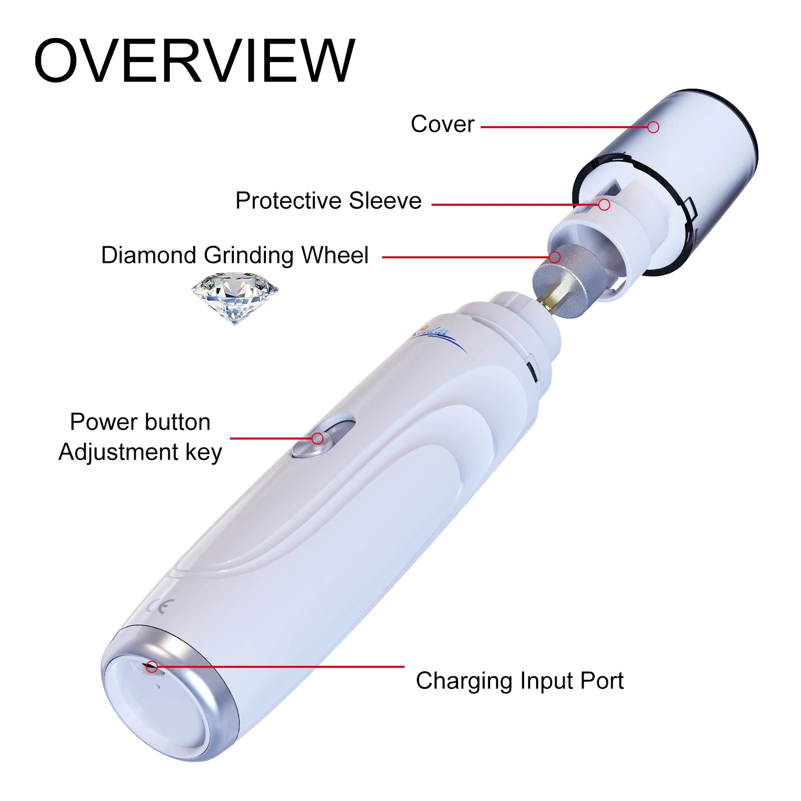 usb rechargeable dog nail grinder with diamond grinding wheel, protective sleeve, quiet 2-speed trimming, and charging input port