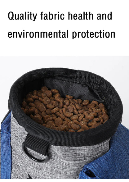 Gray fabric dog treat pouch filled with kibble, eco-friendly pet accessory for training.