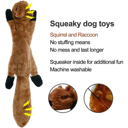 stuffingless squeaky dog toy squirrel plush with squeakers, no stuffing, machine washable, durable chew toy for dogs