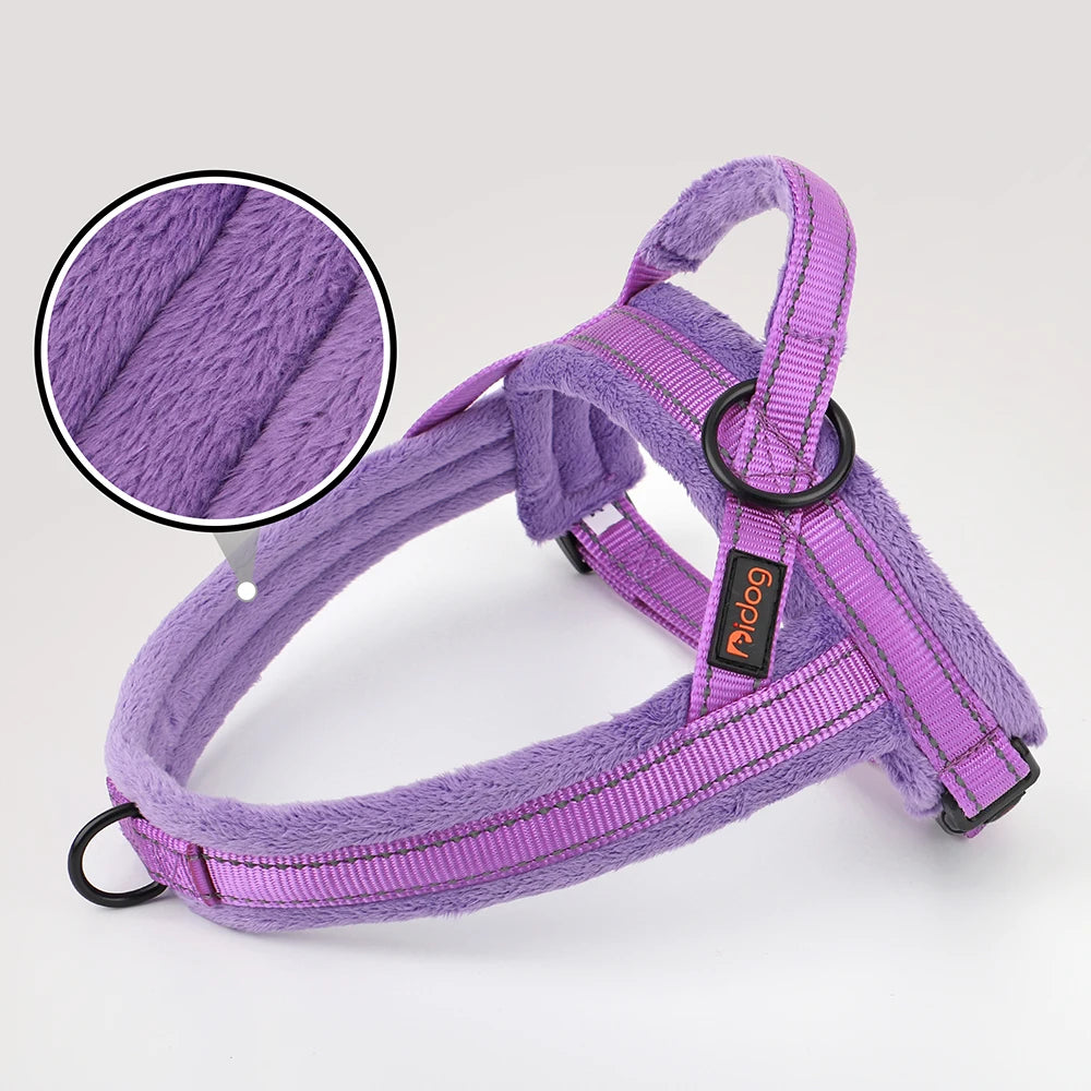 Purple winter dog harness with soft padded reflective nylon vest for small and large dogs