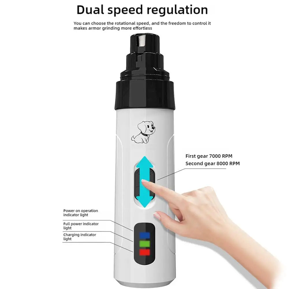 usb charging dog nail grinder with dual speed regulation, LED indicators, and portable pet nail trimming for dogs and cats