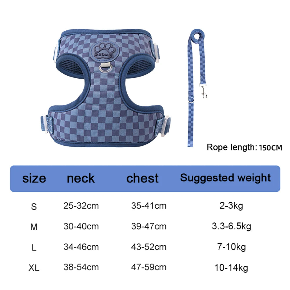 plaid dog harness and leash set blue adjustable soft padded vest for small medium dogs cats breakaway buckle