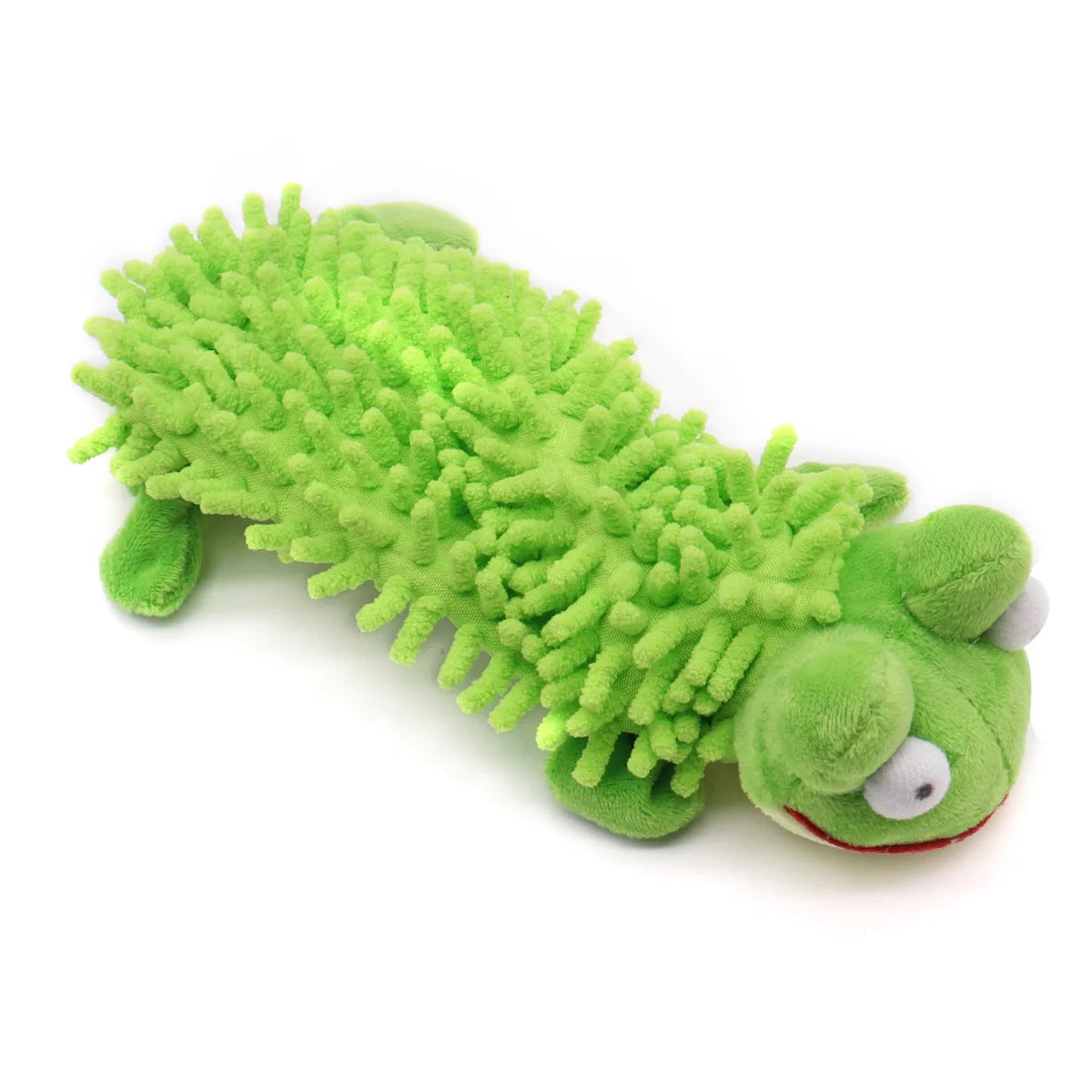 Green squeaky plush dog chew toy with mop fur frog-hippo design for puppy training and teeth grinding