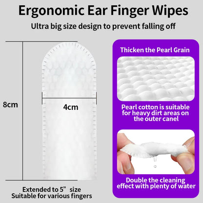 Ergonomic ear finger wipes for dogs, large size, thick pearl cotton, shown with dimensions and texture.