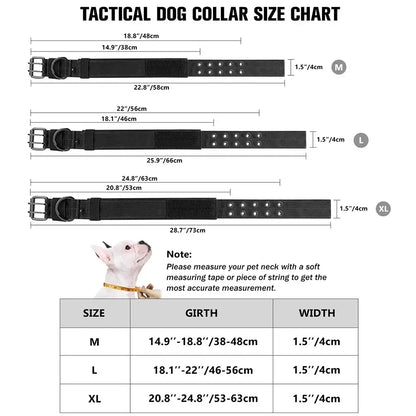 Tactical dog collar size chart showing M, L, XL lengths, girth, and width for durable nylon military collars