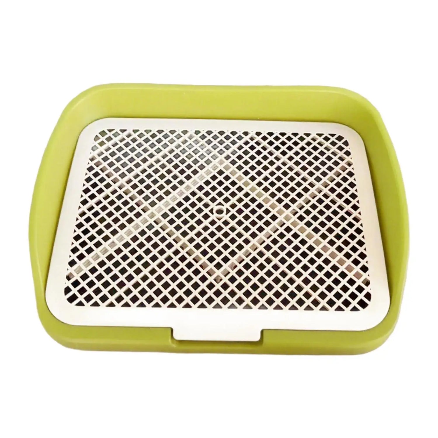 Green plastic dog potty tray with white grid, indoor pet training accessory