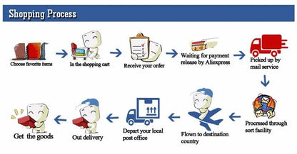 Shopping process infographic showing steps from choosing items to delivery using graphics and text.