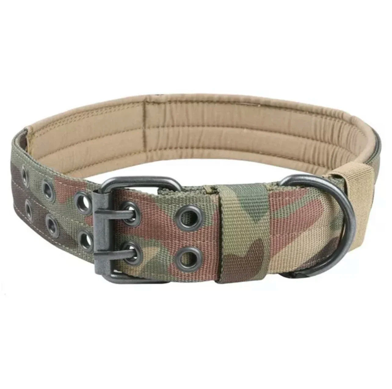 Adjustable reflective tactical dog collar in camouflage nylon with quick release buckle for training and heavy duty use