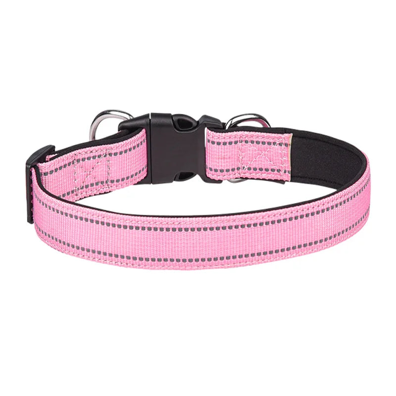 Adjustable pink dog collar with reflective stitching and black plastic buckle