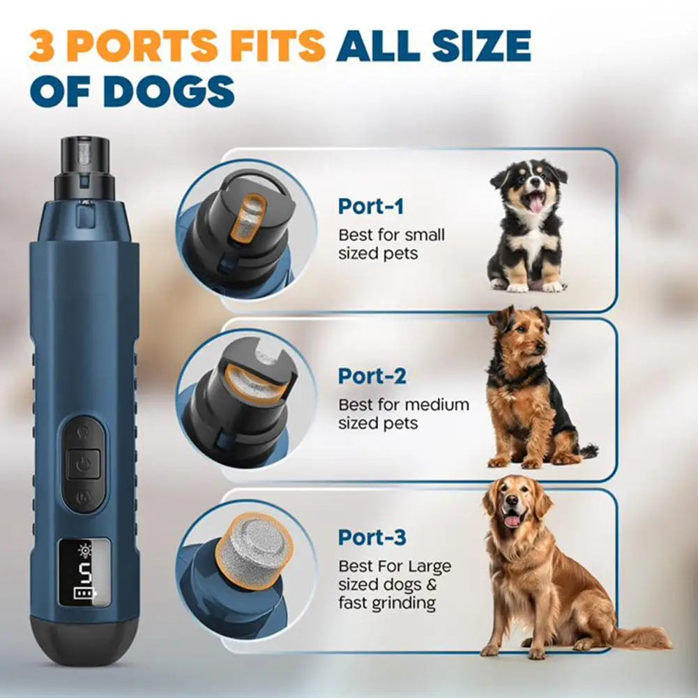 electric pet nail grinder with 3 ports for small, medium, and large dogs, low-noise rechargeable grooming tool