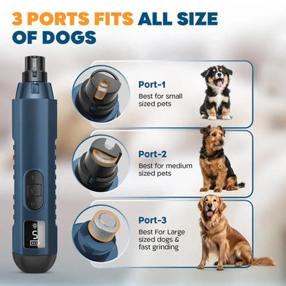 electric pet nail grinder with 3 ports for small, medium, and large dogs, low-noise rechargeable grooming tool