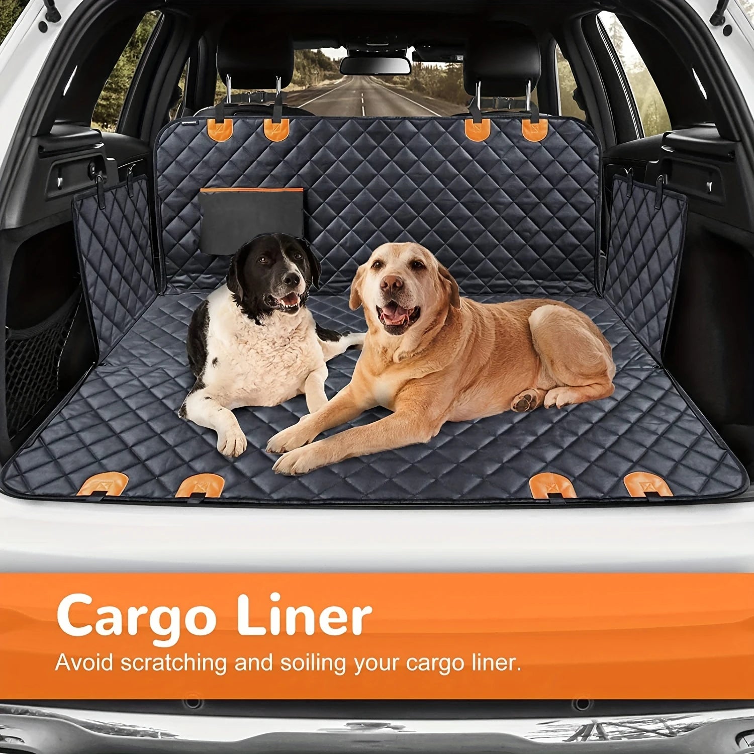 dog car seat cover hammock in car cargo liner with two dogs, quilted scratch-proof nonslip back seat protection