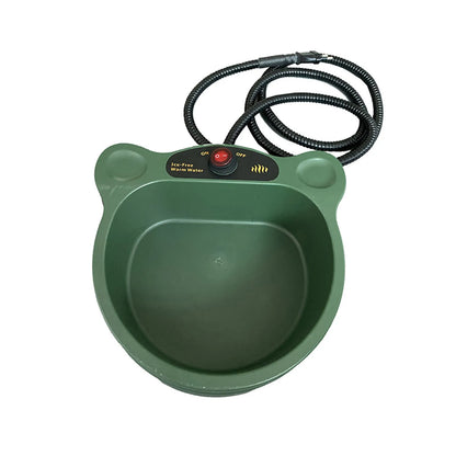 Heated green dog water bowl with on-off switch and attached power cord