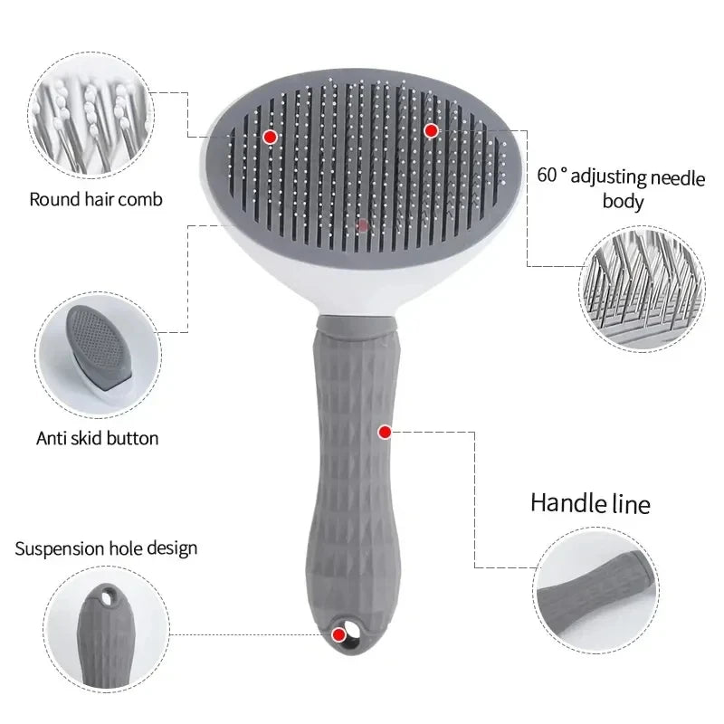 Self cleaning pet hair remover brush with 60° adjusting needles, anti-skid handle, and round hair comb for dog and cat grooming.