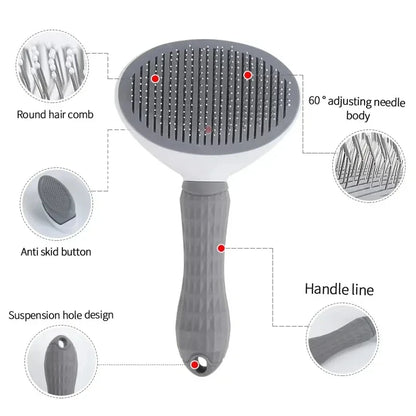 Self cleaning pet hair remover brush with 60° adjusting needles, anti-skid handle, and round hair comb for dog and cat grooming.