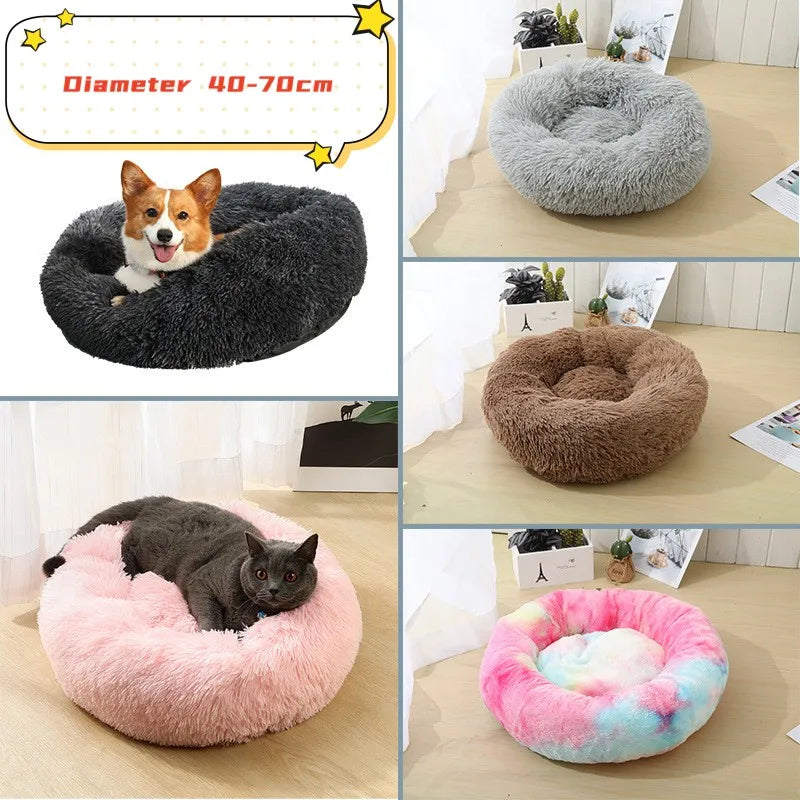 washable plush donut cat bed for cats and small dogs, soft round calming sleeping bed, 40-70cm diameter