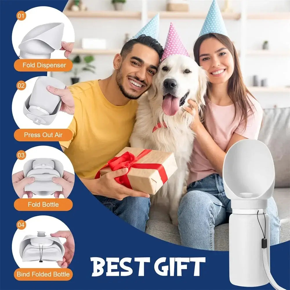 Portable dog water bottle with foldable silicone design, leak-proof cap, and easy-to-use bottle for outdoor walks and travel