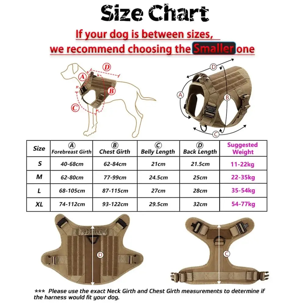 military tactical dog harness size chart for dogs, adjustable padded vest with chest and back measurements