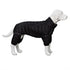 Black padded dog winter jumpsuit on mannequin, full-body pet jacket for cold weather