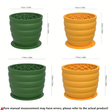 silicone slow feeder dog bowl with anti-slip base, honeycomb design, shown in green and orange for small to medium breeds