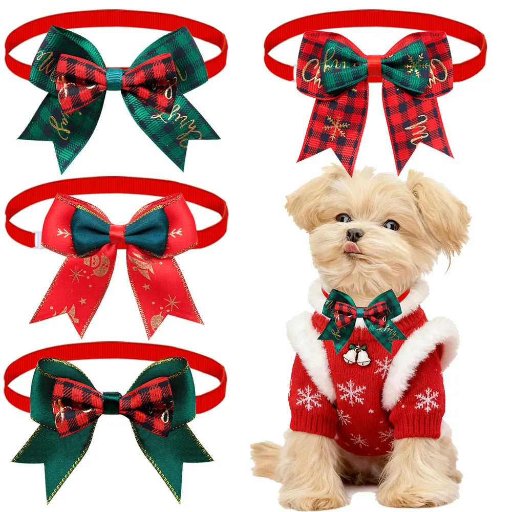 10PCS Christmas Plaid Adjustable Dog Collars Bows Winter Pet Dog Bowties Party Classical Dog Bow Ties Pet Supplies For Dogs