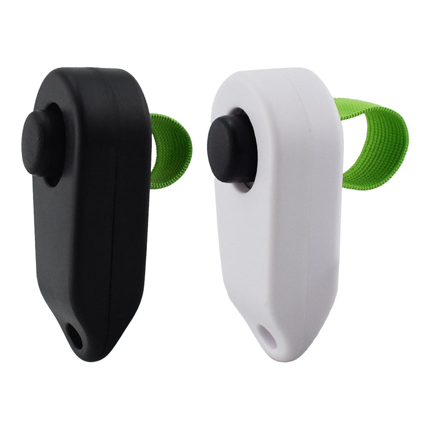 Black and white dog training clickers with green wrist straps