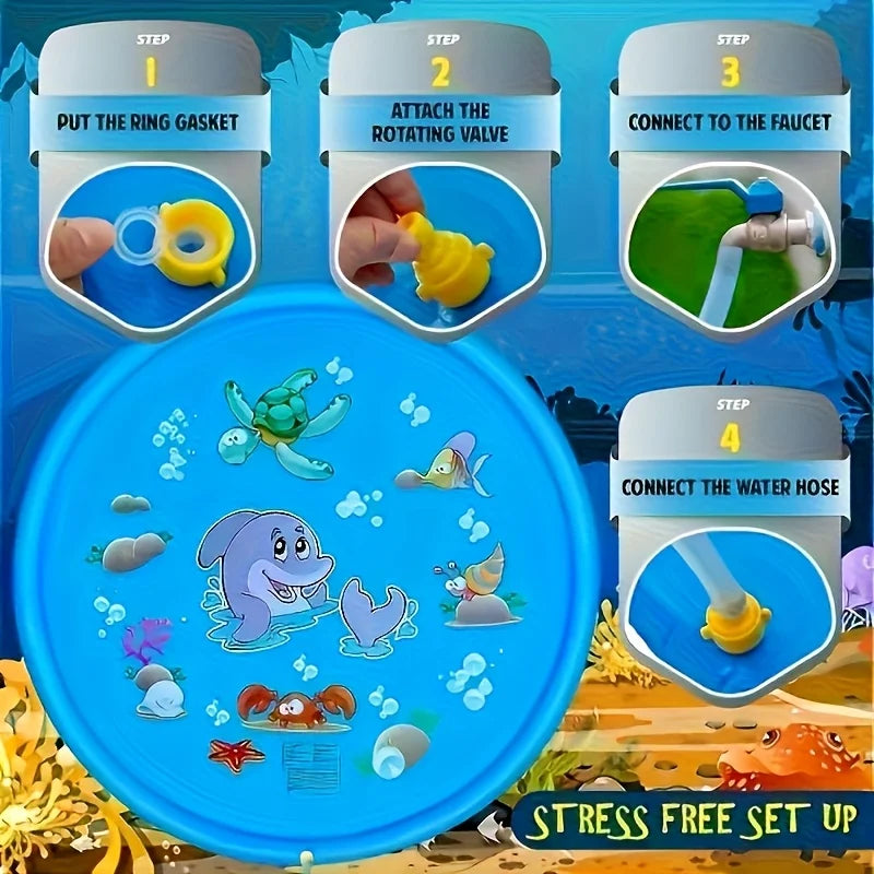 Blue dog splash pad with cartoon sea animals and easy step-by-step water hose setup instructions.