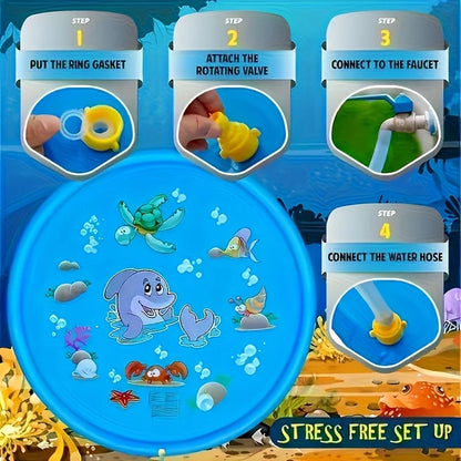 Blue dog splash pad with cartoon sea animals and easy step-by-step water hose setup instructions.