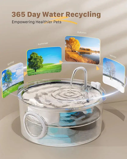 stainless steel pet water fountain with 7L capacity, visible water level, 25dB quiet automatic dispenser