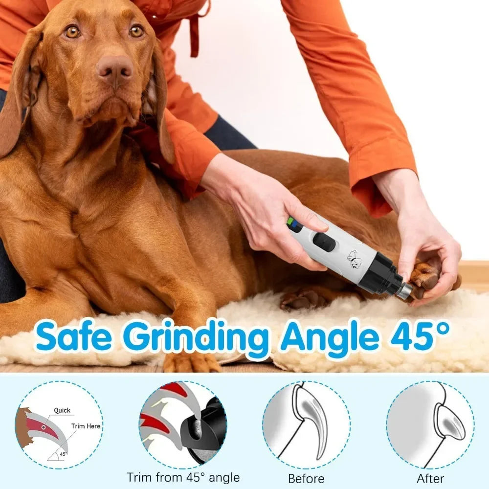 rechargeable pet nail grinder for dog nail trimming with safe 45 degree grinding angle and quiet electric grooming