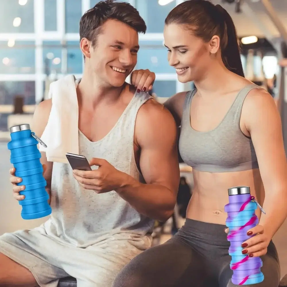 Couple at gym with collapsible water bottle, portable leak-proof travel bottle with carabiner for fitness and travel