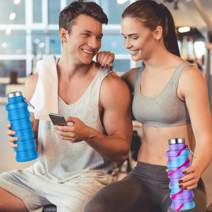 Couple at gym with collapsible water bottle, portable leak-proof travel bottle with carabiner for fitness and travel