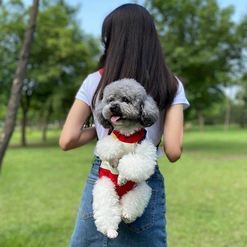 Pet backpack carrier for small dogs with a dog carried on a woman’s back outdoors in a park