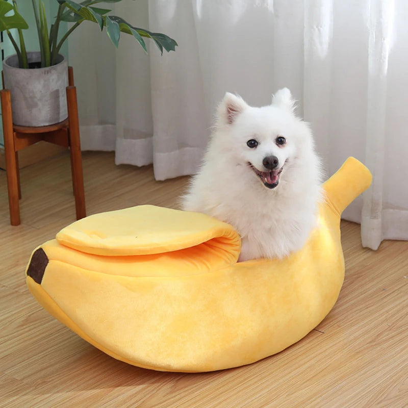 banana cat bed for small pets, plush cozy banana-shaped pet bed with removable cushion, warm and portable