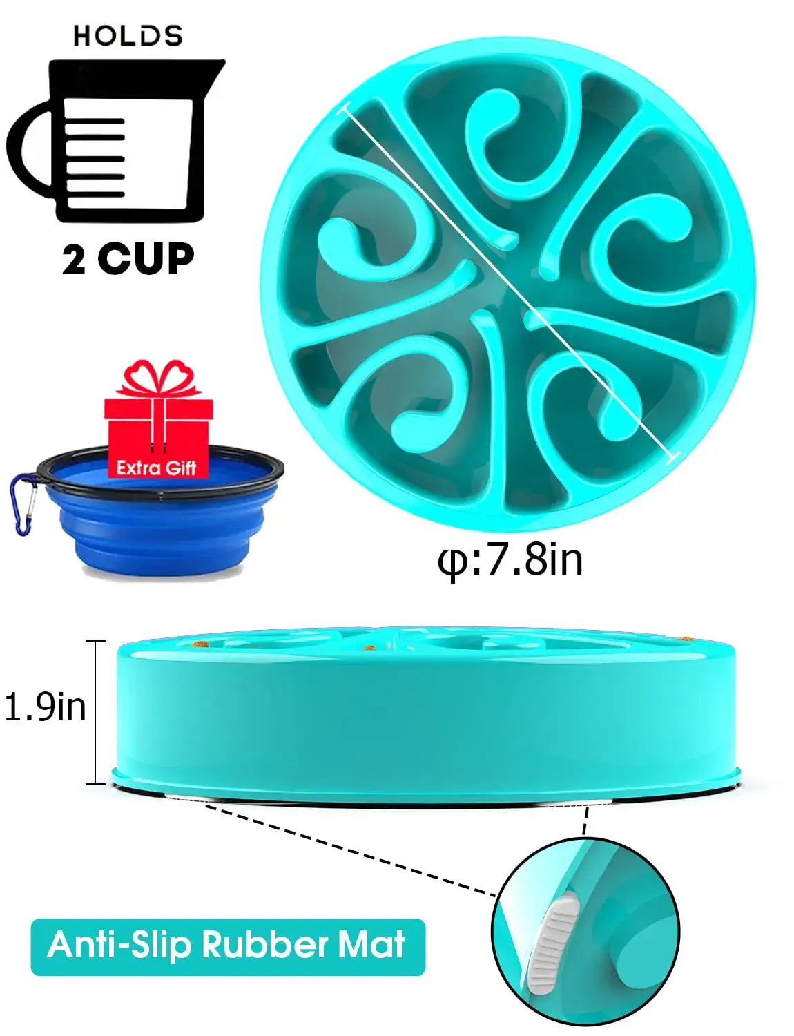 slow feeder dog bowl with anti-slip rubber mat, 2 cup capacity, 7.8 inch turquoise pet feeder for dogs