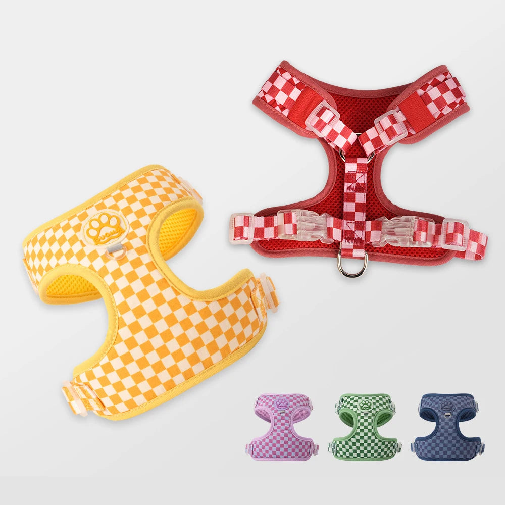 Plaid dog harness and leash set, adjustable soft padded vest pet walking gear for small and medium dogs and cats