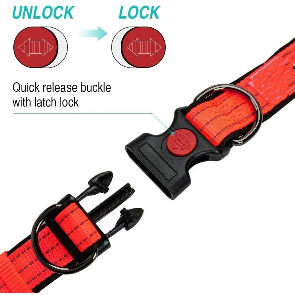 Reflective Padded Dog Collar Durable Strong Double D Ring Safety Nylon Pet Dog Collars Adjustable for Small Medium Large Dogs buckle close-up