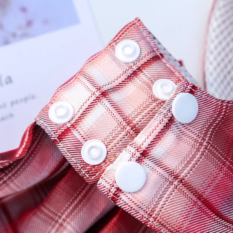 plaid pet dress with leash red plaid pet dress for small dogs and cats with white buttons, fashion summer pet clothing