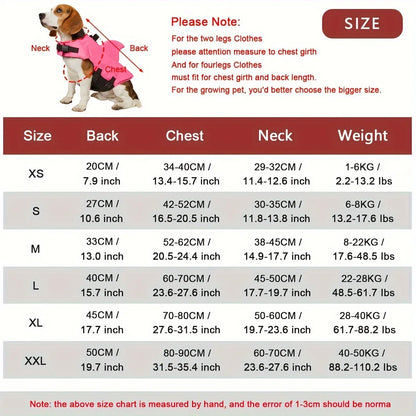 small dog shark fin life jacket size chart with buoyant vest, handle, and measurements for dogs