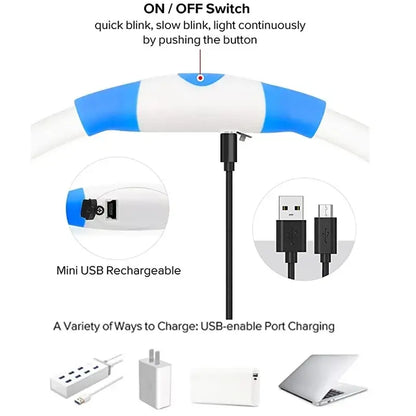 LED dog collar light with USB rechargeable charging port and on/off switch for flashing or continuous pet safety use