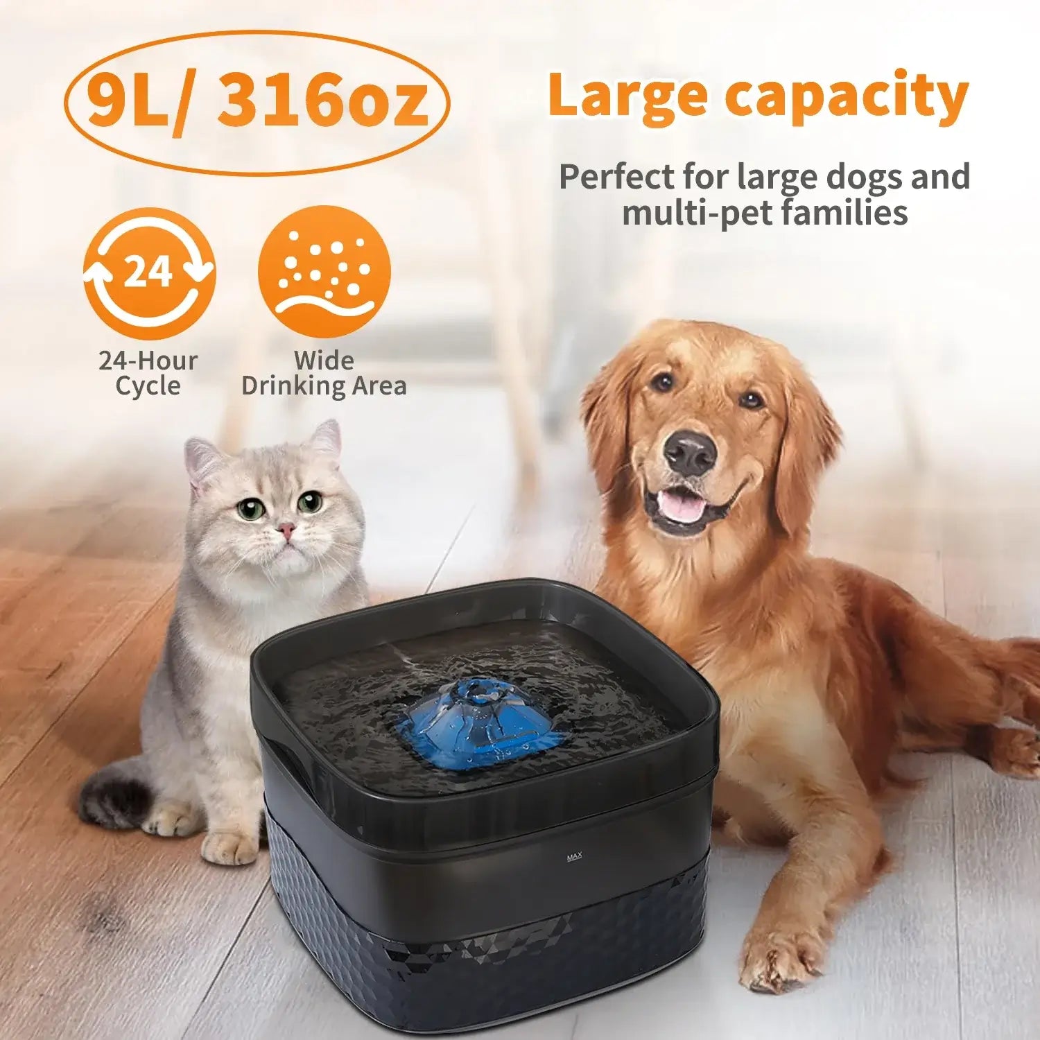 large capacity pet water fountain 9L pet dispenser for large dogs and multiple cats with ultra-quiet pump