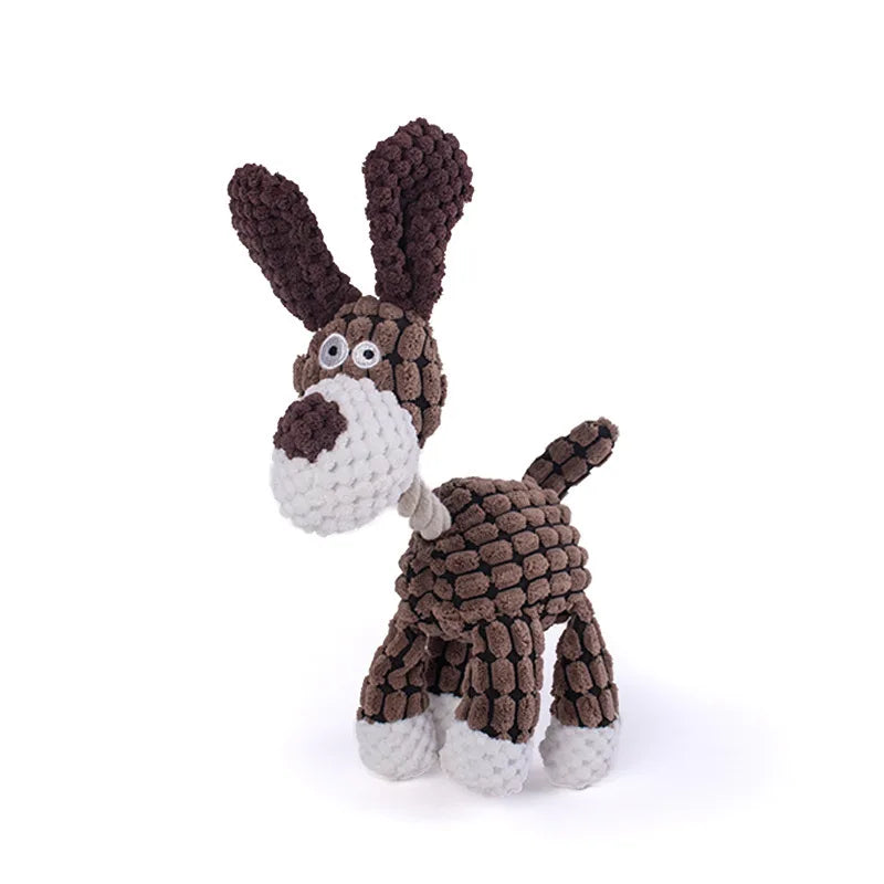 Brown squeaky corduroy dog toy plush donkey shape, bite resistant fleece chew toy for small and large dogs, training accessory