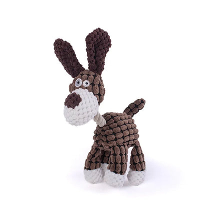 Brown squeaky corduroy dog toy plush donkey shape, bite resistant fleece chew toy for small and large dogs, training accessory