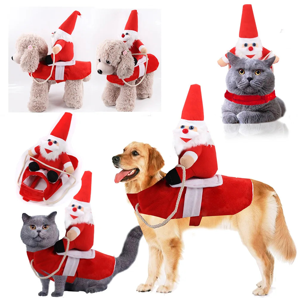 Dog and cat wearing festive Santa Claus rider costume pet apparel.