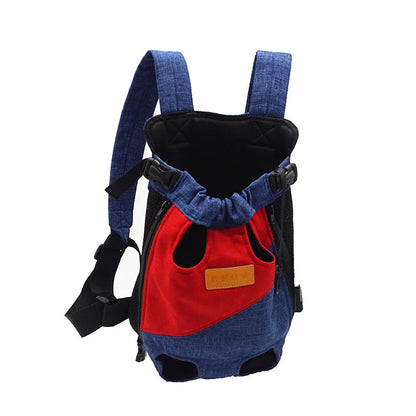 Blue pet backpack carrier for small dogs, canvas front chest carrier for French Bulldog Chihuahua, windproof travel bag