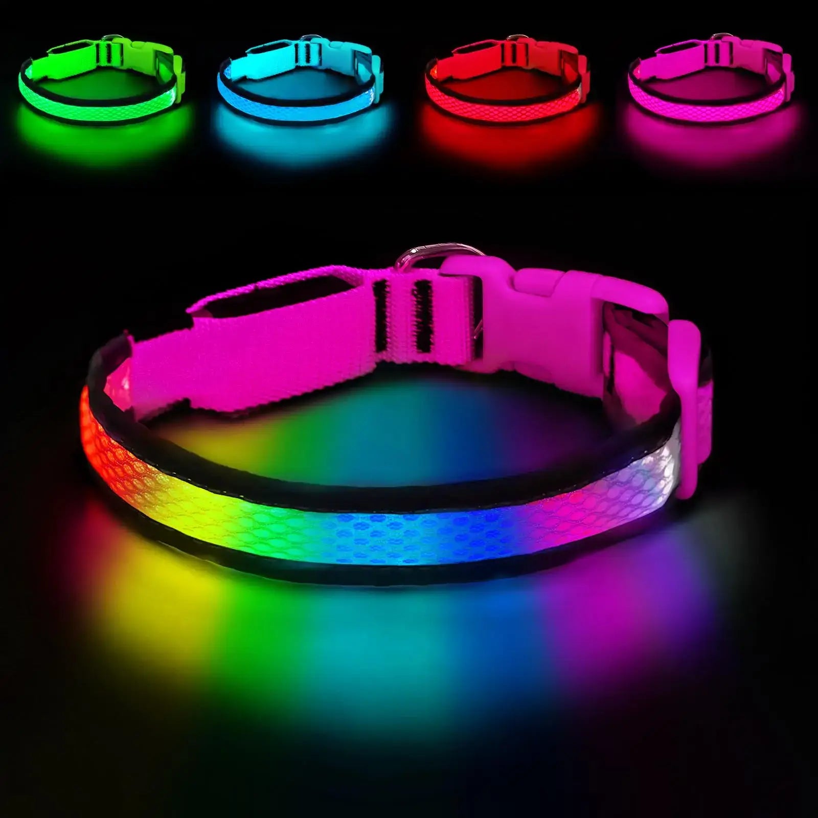 Pink USB rechargeable LED dog collar with RGB 7-color glow, adjustable soft nylon, waterproof safety collar for small and medium dogs